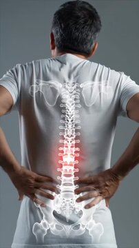 Man with lower back pain with a stylized spine and herniated disc animation.