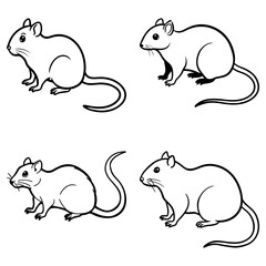 Four outlined cartoon mice in different poses with long tails and small ears on a white background art
