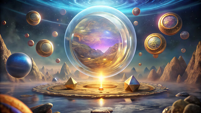 Coins Levitating Around A Central Crystal Orb Ethereal Finance And Fantasy Wealth Representation