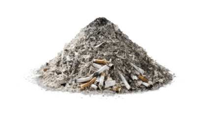 Cigarette ash pile urban environment waste management view, isolated on transparent background, png