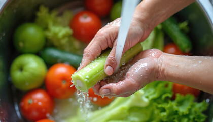 Hands wash fresh vegetables under running water, emphasizing hygiene, healthy eating. Celery stalk, lettuce, tomatoes, cucumbers visible, suggesting preparation for wholesome meal. Clean produce