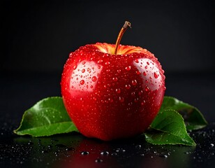 Red apple with water droplets and leaves on dark background