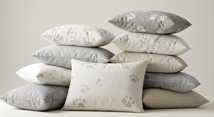 Gray pillows stack up with dog paw prints, creating a modern texture on a soft background. Ideal for product staging or pet-themed designs.