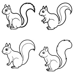 Four outlined squirrels in different poses with bushy tails on a white background illustration art