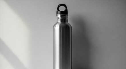 A sleek, metallic water bottle with a black cap and loop stands upright against a subtly shadowed white background, highlighting its minimalist design.