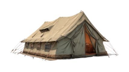 Camping adventure tent setup in nature activity daylight scene, isolated on transparent background, png