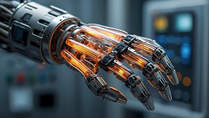 Close up of a glowing robotic hand with intricate mechanical details