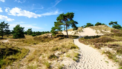 Sandy path through dunes, sunny day