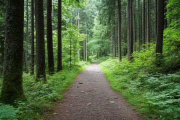 Fototapeta premium Scenic forest trail surrounded by lush trees and vibrant nature.