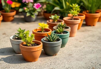 Fototapeta premium Mini cement pots arranged on a smooth concrete surface, design, tabletop