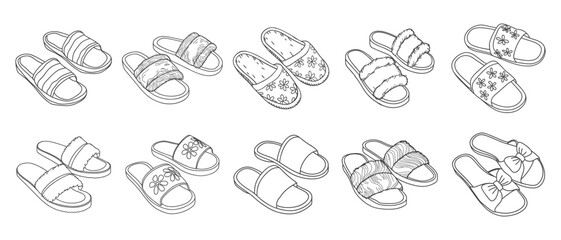 Variety of slippers. Set of house slippers icons. Sketch for coloring.