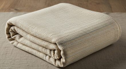 A neatly folded beige blanket rests on a neutral-toned surface, highlighting texture and simplicity.