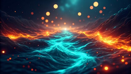 Dynamic abstract waves with vibrant blue and fiery orange glowing energy
