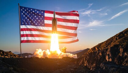 Rocket Launch with American Flag Against Sunset Sky and Rocky Terrain