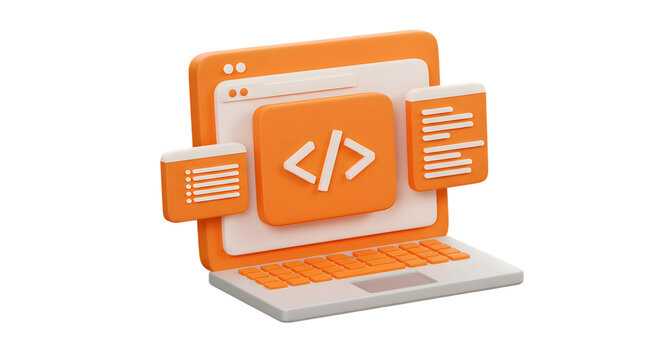 3d orange laptop with code icon and text windows isolated on transparent background