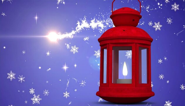 Red lantern with candle, winter background