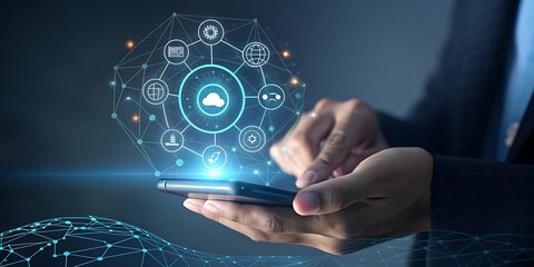 Futuristic digital network visualization emanating from a smartphone held by a person interacting with cloud technology