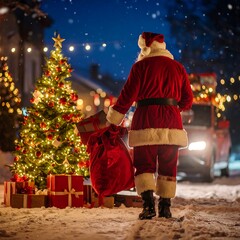 Santa Claus delivering gifts at night