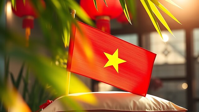 Vietnam National Day flag on silk cushion with bamboo leaves and lanterns
