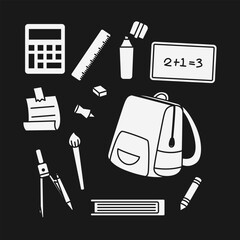 Stationery Tools Silhouette Vector Set – Pencil, Pen, Eraser, Ruler, and School Supplies Icons