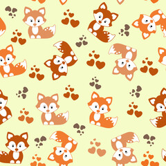 Seamless pattern of cute cartoon foxes with hearts and paw prints on a soft pastel green background. Perfect for kids’ designs, fabrics, scrapbooking, and digital projects.