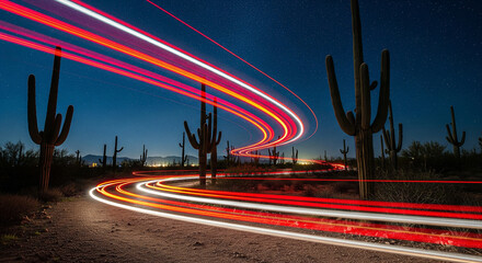 Long exposure shot of car light trails weaving through a desert landscape filled with tall cacti