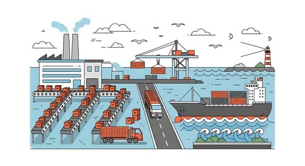 Illustration depicting global trade and logistics with factory to ship transport network