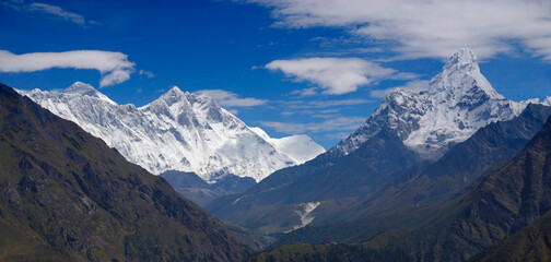 Panorama showing Mount Everest (left), Mount Lhotse, Mount Lhotse Shar (centre left) and Mount Ama Dablam in the Everest Himalaya of Nepal