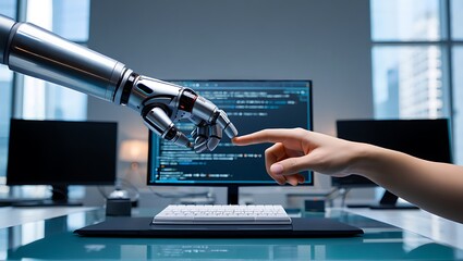 Robot finger touches human finger on computer screen with code