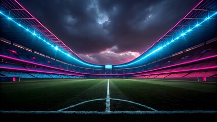 Vibrant stadium lights illuminate empty field at dusk, ready for action