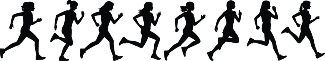 PrintRunning women silhouettes, fitness workout, female runners, jogging exercise, active lifestyle, sport movement, outdoor training, healthy living, vector illustration.