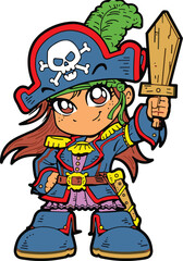 Cartoon pirate character, blue hat with skull, wooden sword, confident stance, colorful costume, children illustration, fantasy, adventure, playful