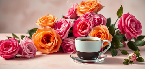 Steam rising from coffee beside vibrant roses on a soft, light background, texture, peaceful