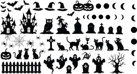 Halloween haunted house silhouettes, spooky ghosts, black cats, pumpkins, bats, spiders, graveyard tombstones, moon phases, creepy trees, witch hats, owl illustration