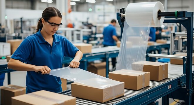 Female worker wrapping boxes on a conveyor belt in a manufacturing facility
