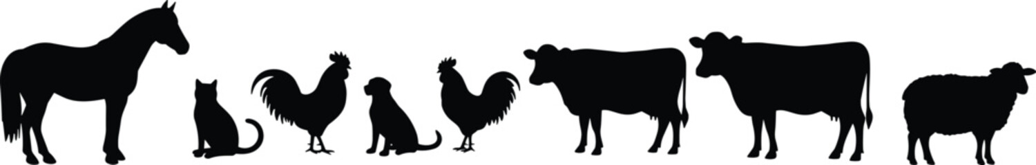 Silhouettes of horse, cat, rooster, dog, cow, and sheep, perfect for farming, livestock, agriculture, rural design, and animal vector art