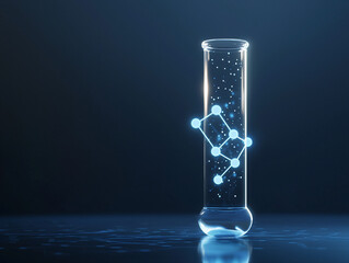 Illuminated Test Tube with Abstract Molecule Against Dark Background