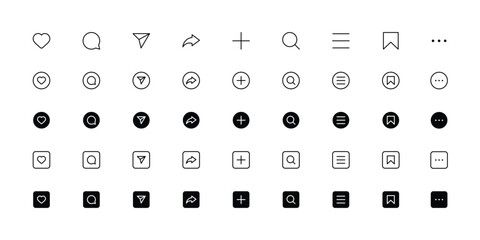 Set of Love, Share and Comment Icons Vector Illustration Collection. Social media interface symbols