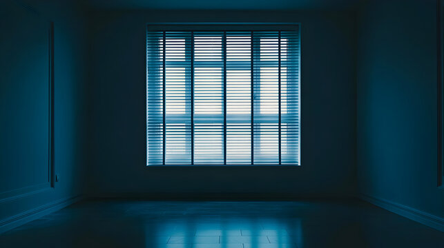 un ventanal iluminado y con persianas para permitir la entrada de luz exterior a una habitacion vacia oscura elegante y moderna 