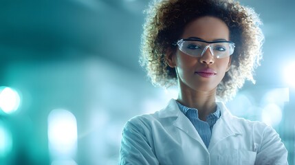Woman scientist with curly hair wearing safety glasses and lab coat in a blue lit laboratory research