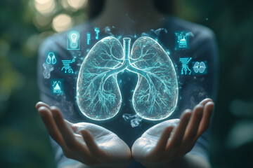 Digital Representation of Human Lungs in Hands with Health Symbols