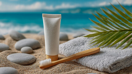 A white toothpaste tube and a bamboo-wood-colored toothbrush are placed on a beach towel, with a blue sea in the background, along with light-colored stones and a green palm leaf decoration. 
