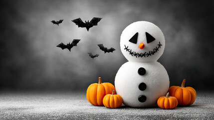 Halloween snowman with black button eyes and mouth, surrounded by small orange pumpkin and flying black bats, spooky festive decoration with dark smoky background