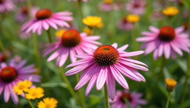 Purple coneflower echinacea blooms among yellow wildflowers in a vibrant outdoor Cape Cod garden. Herbaceous perennial plants with pink petals and dark centers create a tranquil summer scene.