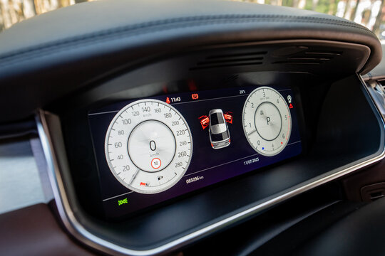 This innovative dashboard highlights modern vehicle design, featuring a cuttingedge speedometer and advanced display technologies to enhance the drivers experience and vehicle functionality