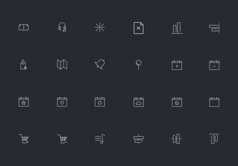 Collection of white minimalist icons representing various business and office functions on a dark background part 04