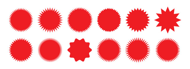 Set of red starburst, sunburst badges, Sale sticker, price tag, starburst icon set , Circle sticker set. Wavy edge promo red badges. Star burst shape tags for price. Red sale tag