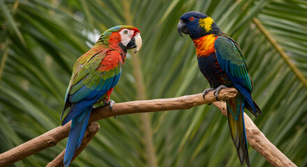Two vibrant parrots perched on a branch against a backdrop of lush greenery create a tropical
