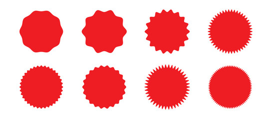 Set of red starburst. Sale sticker, price tag, starburst icon, quality mark, retro stars, circle sticker, red badges. Starburst red shape tags for price tags