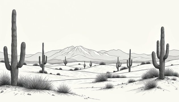Monochrome line art illustration of desert landscape featuring saguaro cacti, rolling hills. Minimalist drawing captures arid Arizona scenery with sparse vegetation, distant mountain range, sandy
